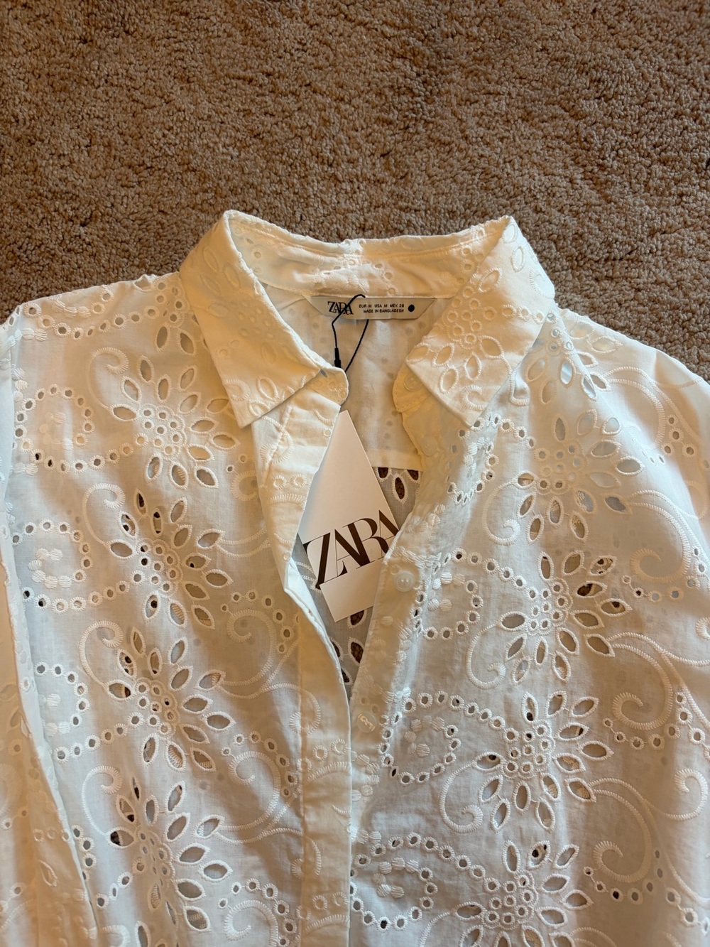 ZARA White Eyelet Embroidered Button-Down Shirt